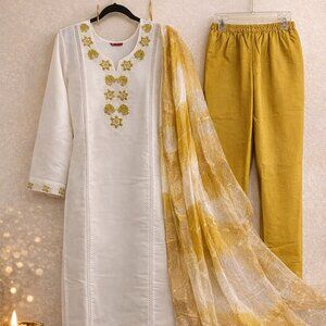 Elegant White & Green Embroidered Kurta Set with Mustard Accents